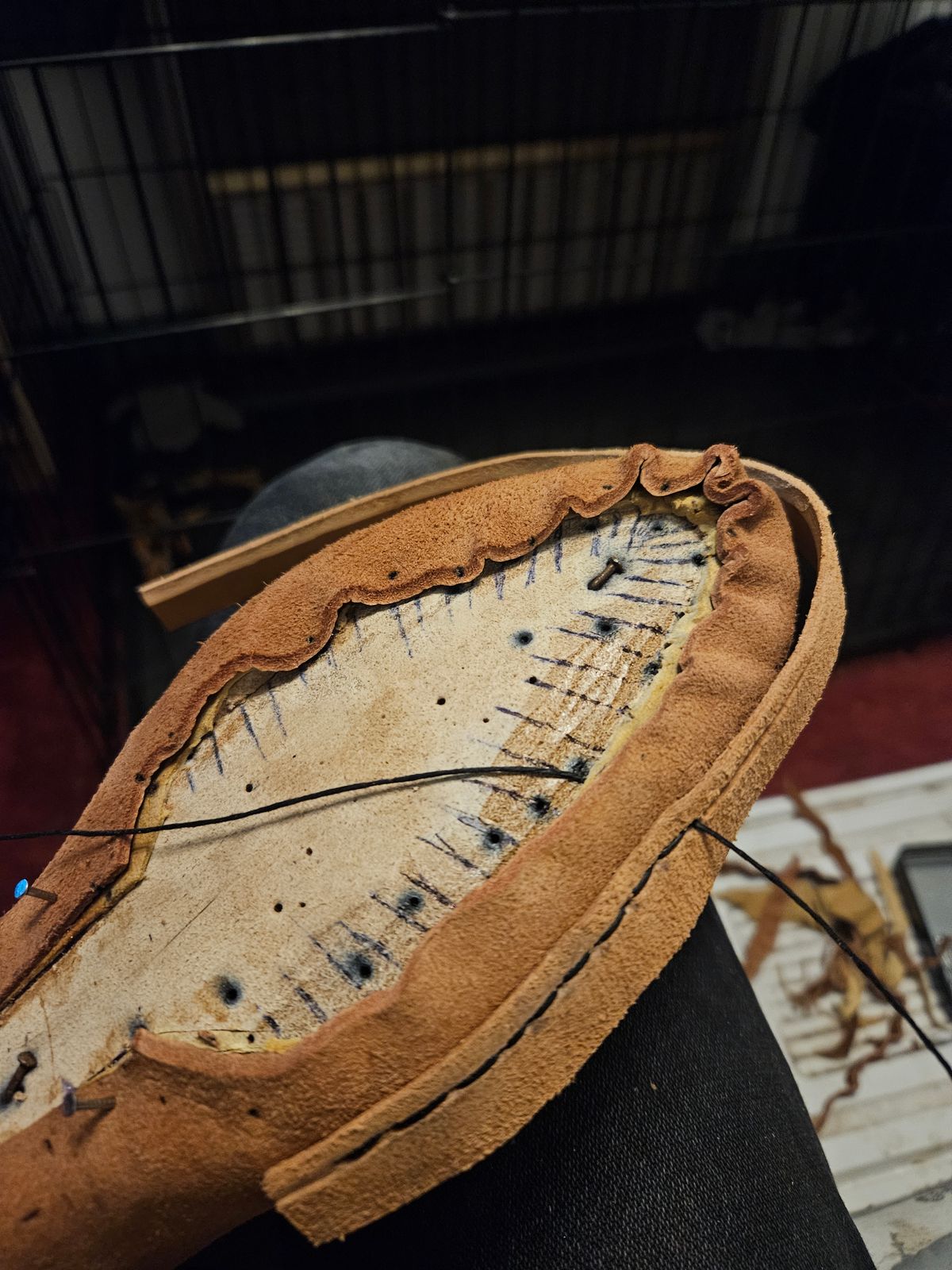 Photo by Jakesleather1505 on December 3, 2025 of the Self Made Full Rough Out Roper in 5-6oz Oil Tanned Cowhide From Scrap Bin.