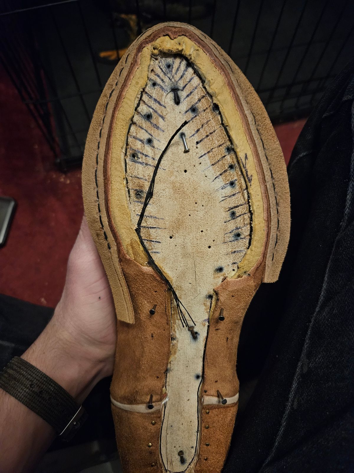 Photo by Jakesleather1505 on December 4, 2025 of the Self Made Full Rough Out Roper in 5-6oz Oil Tanned Cowhide From Scrap Bin.