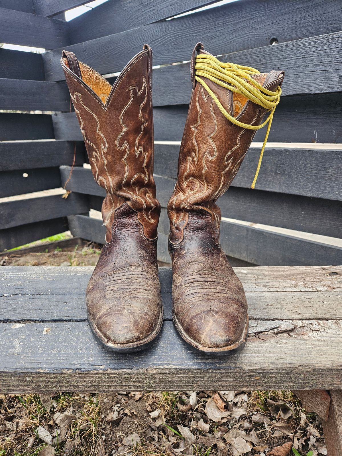 Photo by Jakesleather1505 on April 2, 2026 of the Nocona 6736 in Chocolate Bullhide And Oil Tanned Tops.
