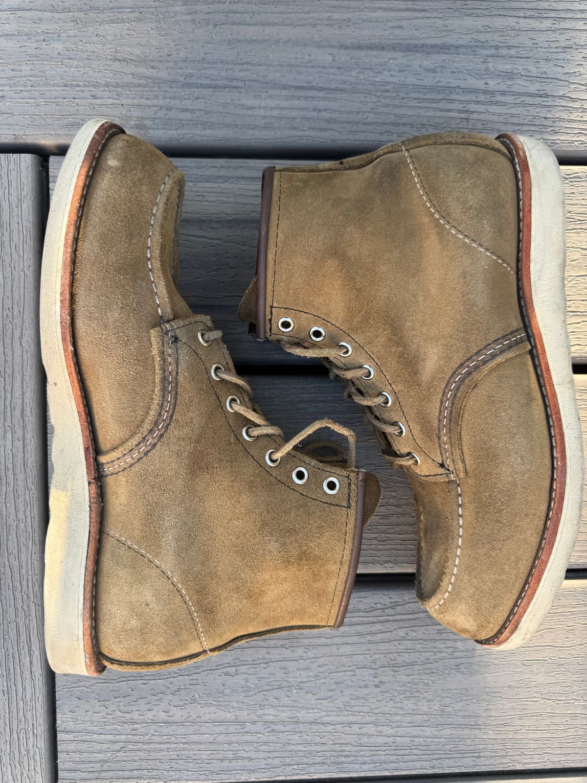 Photo by Jwilliams on August 17, 2025 of the Red Wing 6-Inch Classic Moc in S.B. Foot Olive Mohave Roughout.