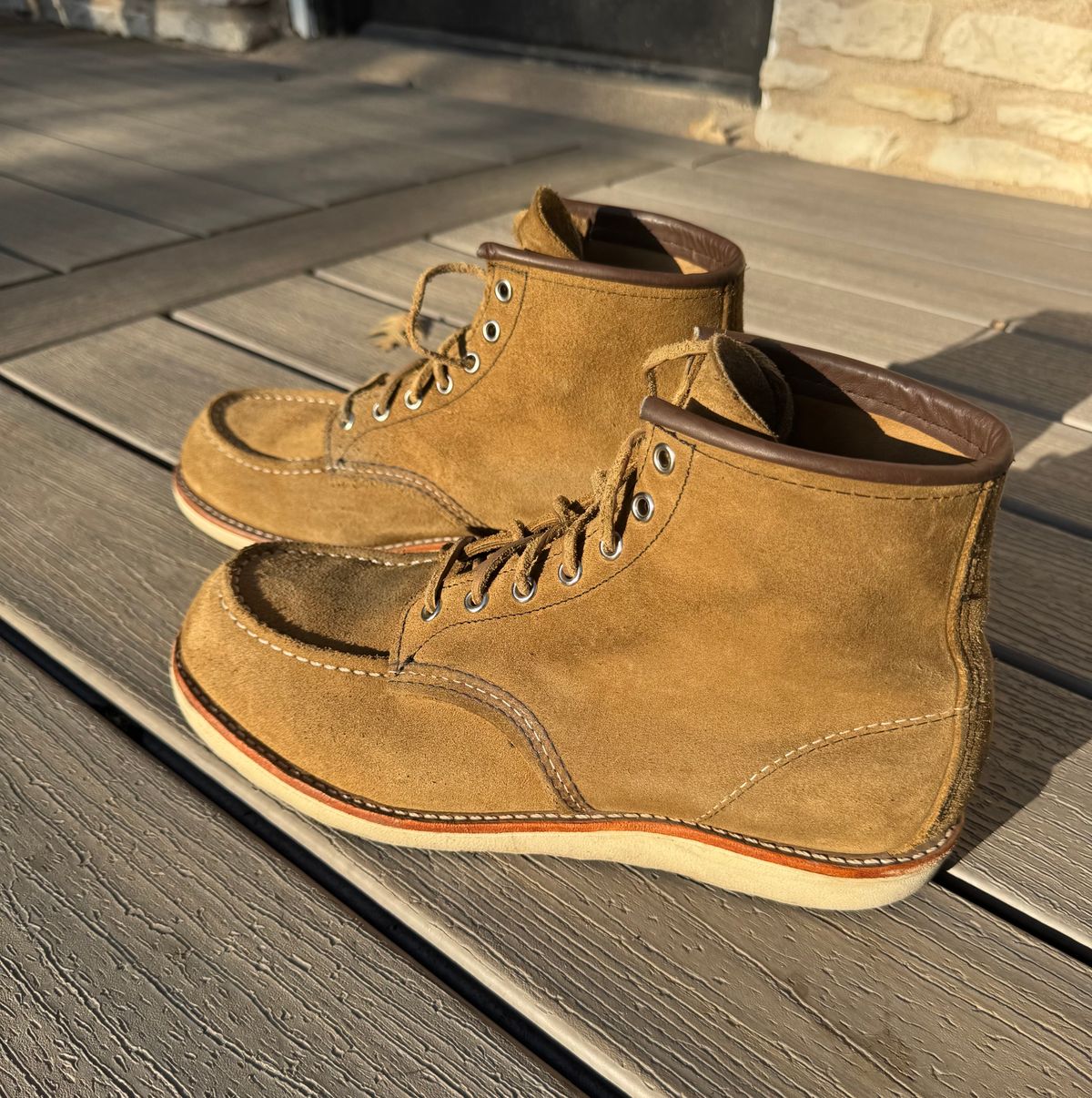 Photo by Jwilliams on August 17, 2025 of the Red Wing 6-Inch Classic Moc in S.B. Foot Olive Mohave Roughout.