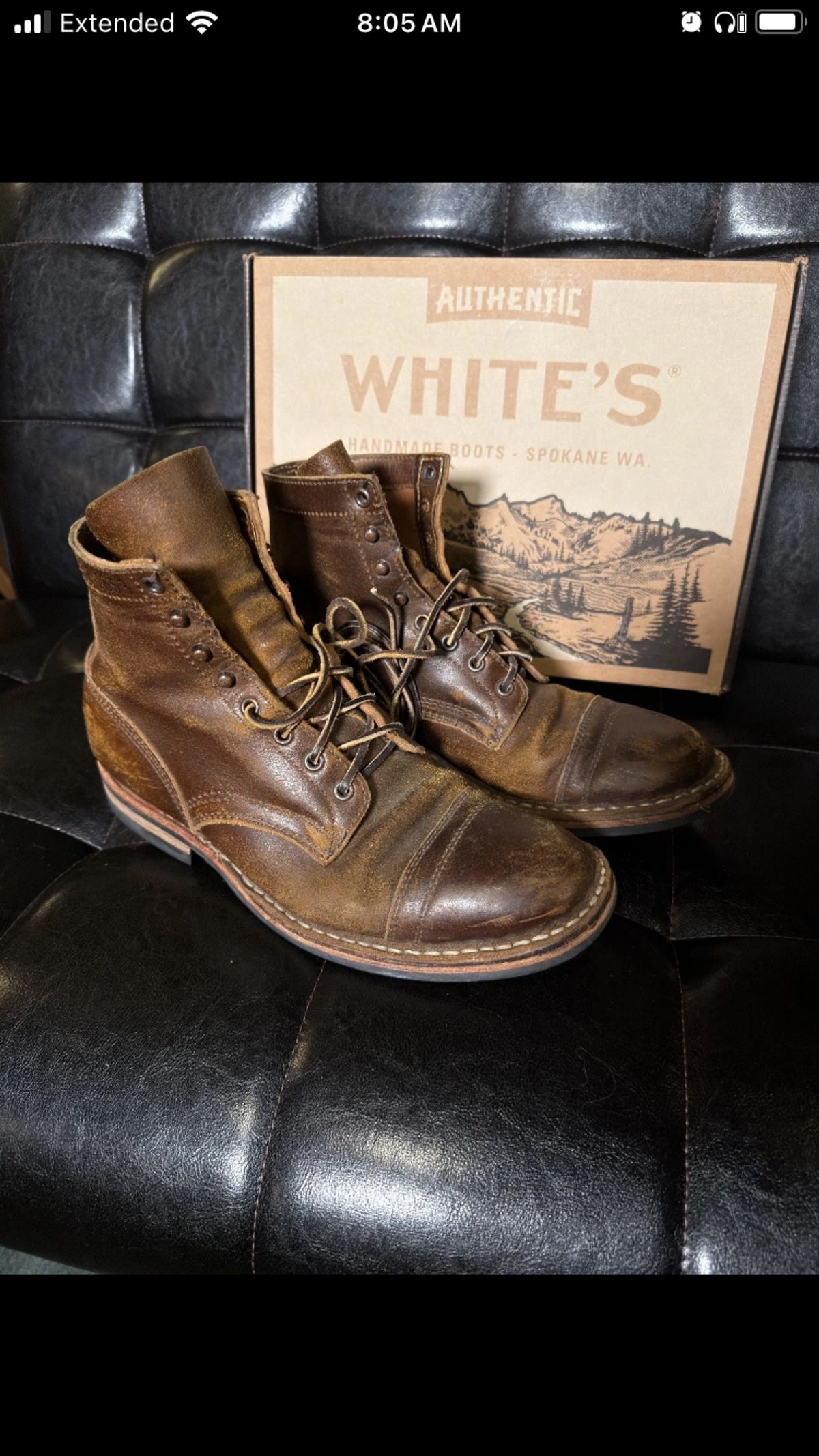 Photo by shutterblind1393 on November 4, 2025 of the Whites Boots MP Sherman Toe Cap in Horween Cinnamon Waxed Flesh.