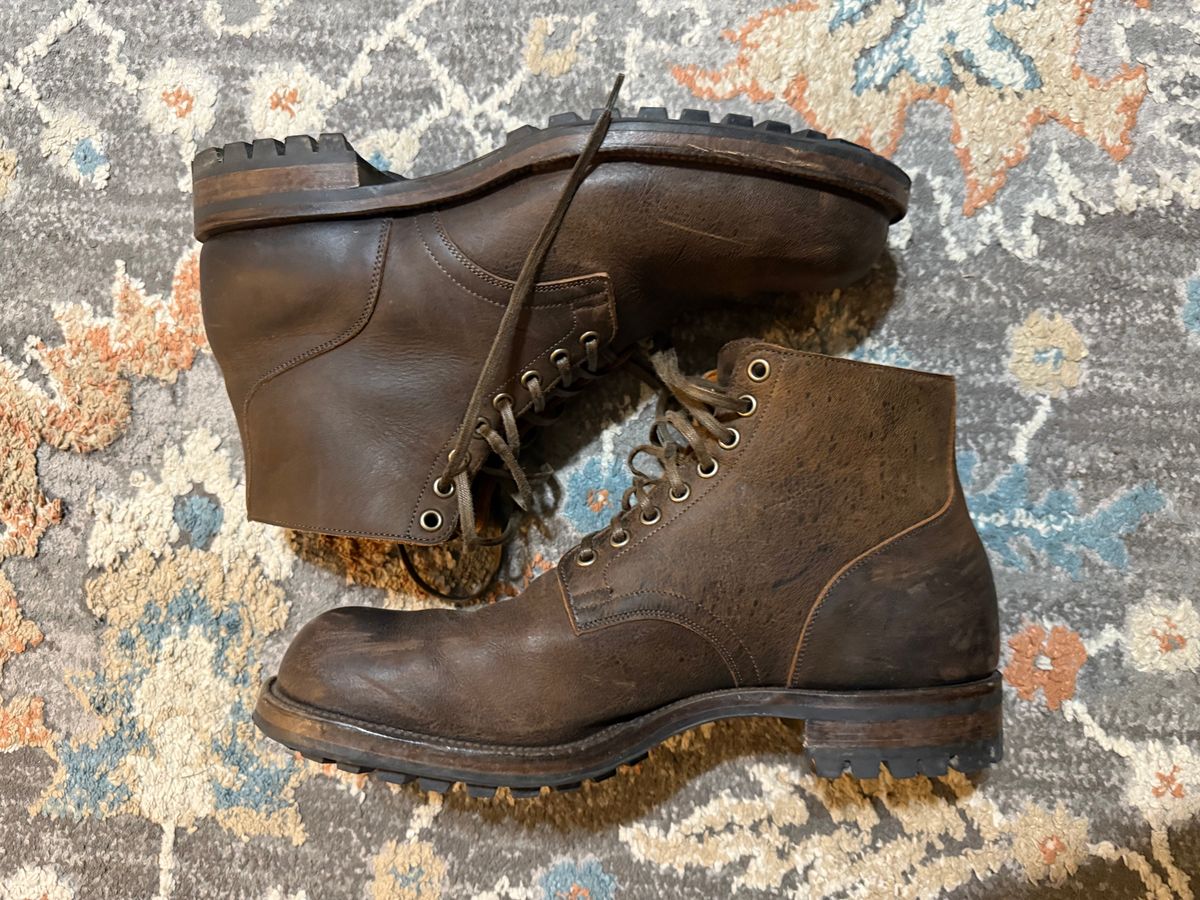 Photo by peckinpaws on March 14, 2026 of the Viberg Service Boot in C.F. Stead Zulu Waxed Kudu.