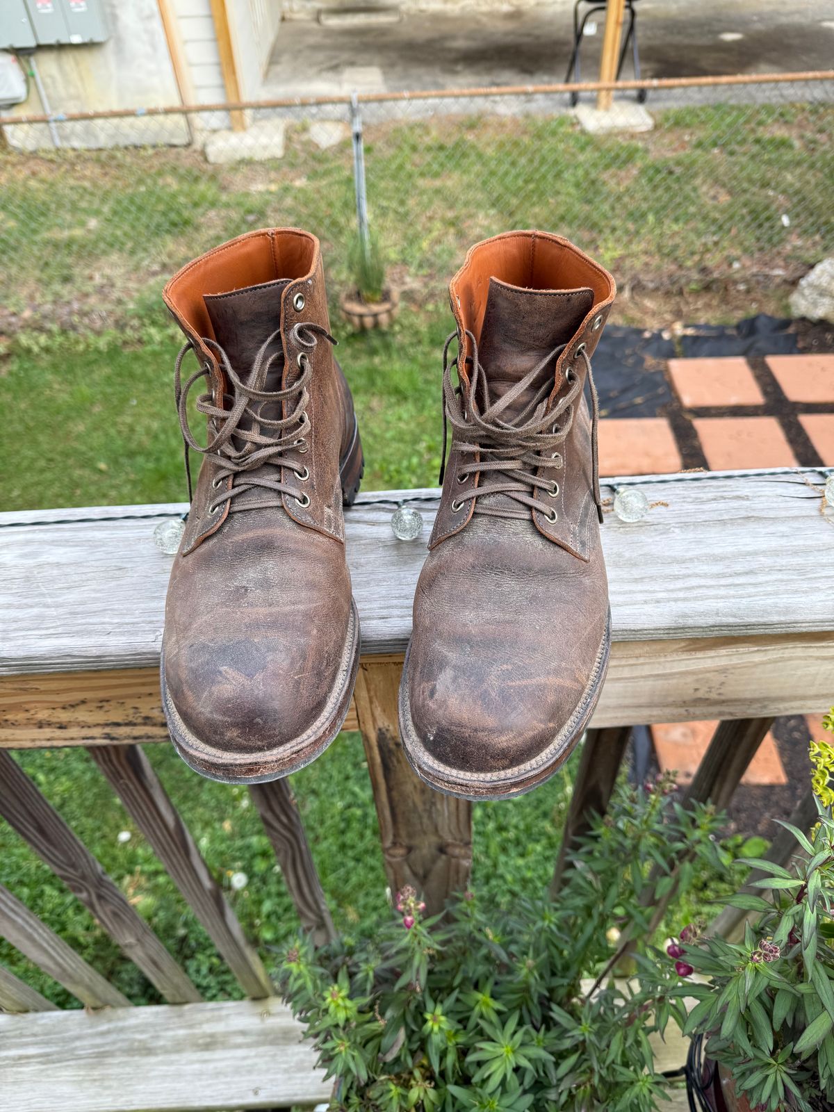 Photo by peckinpaws on April 6, 2026 of the Viberg Service Boot in C.F. Stead Zulu Waxed Kudu.
