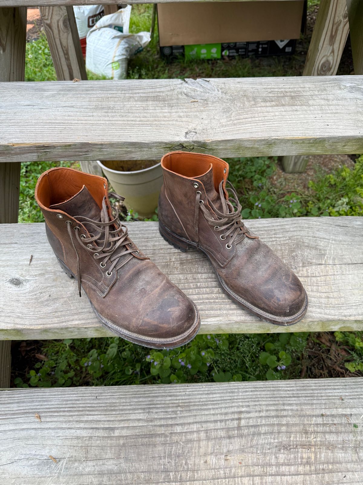 Photo by peckinpaws on April 6, 2026 of the Viberg Service Boot in C.F. Stead Zulu Waxed Kudu.