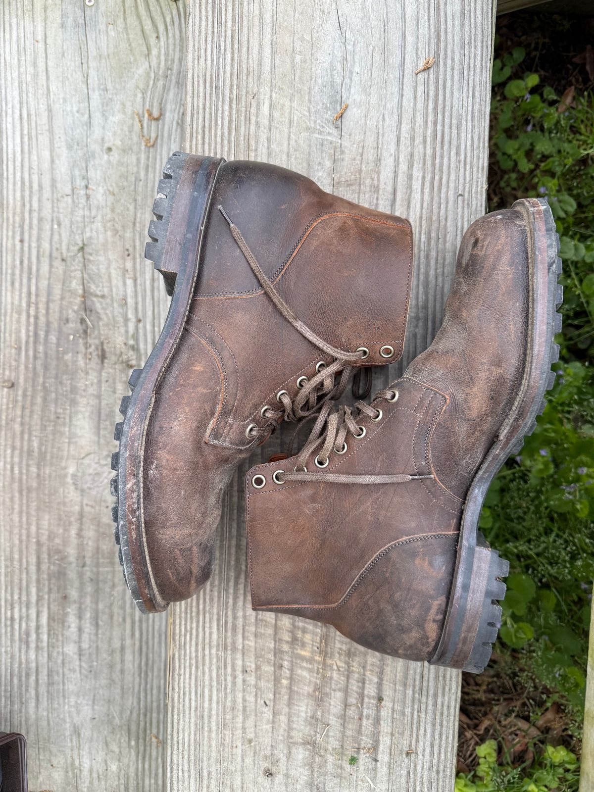 Photo by peckinpaws on April 6, 2026 of the Viberg Service Boot in C.F. Stead Zulu Waxed Kudu.