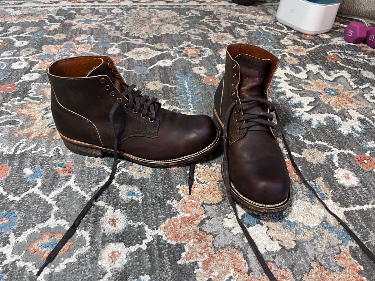 Photo by peckinpaws on March 18, 2025 of the Viberg Service Boot in Horween Golden Brown Predator.
