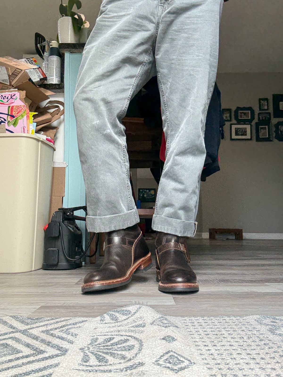 Photo by peckinpaws on February 24, 2026 of the John Lofgren Wabash Engineer Boots in Horween Dark Brown Waxed Flesh.