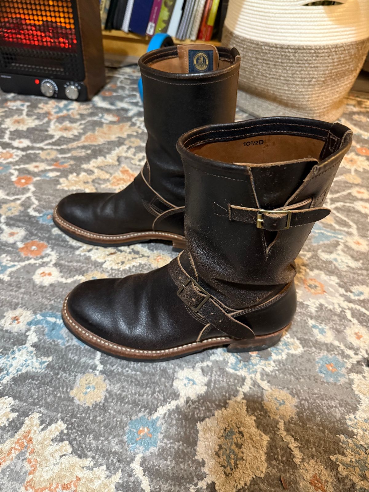 Photo by peckinpaws on March 14, 2026 of the John Lofgren Wabash Engineer Boots in Horween Dark Brown Waxed Flesh.