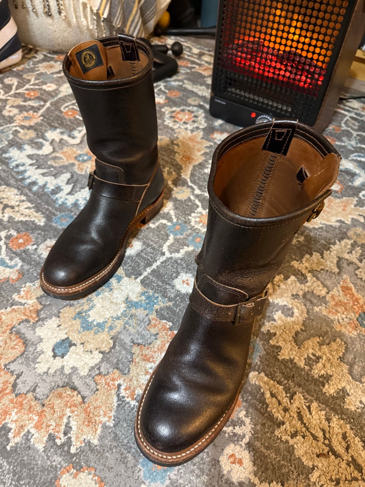 Photo by peckinpaws on March 14, 2026 of the John Lofgren Wabash Engineer Boots in Horween Dark Brown Waxed Flesh.