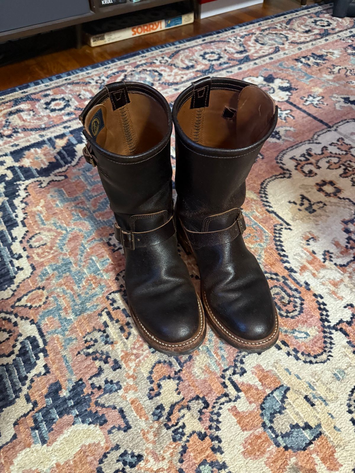 Photo by peckinpaws on April 3, 2026 of the John Lofgren Wabash Engineer Boots in Horween Dark Brown Waxed Flesh.