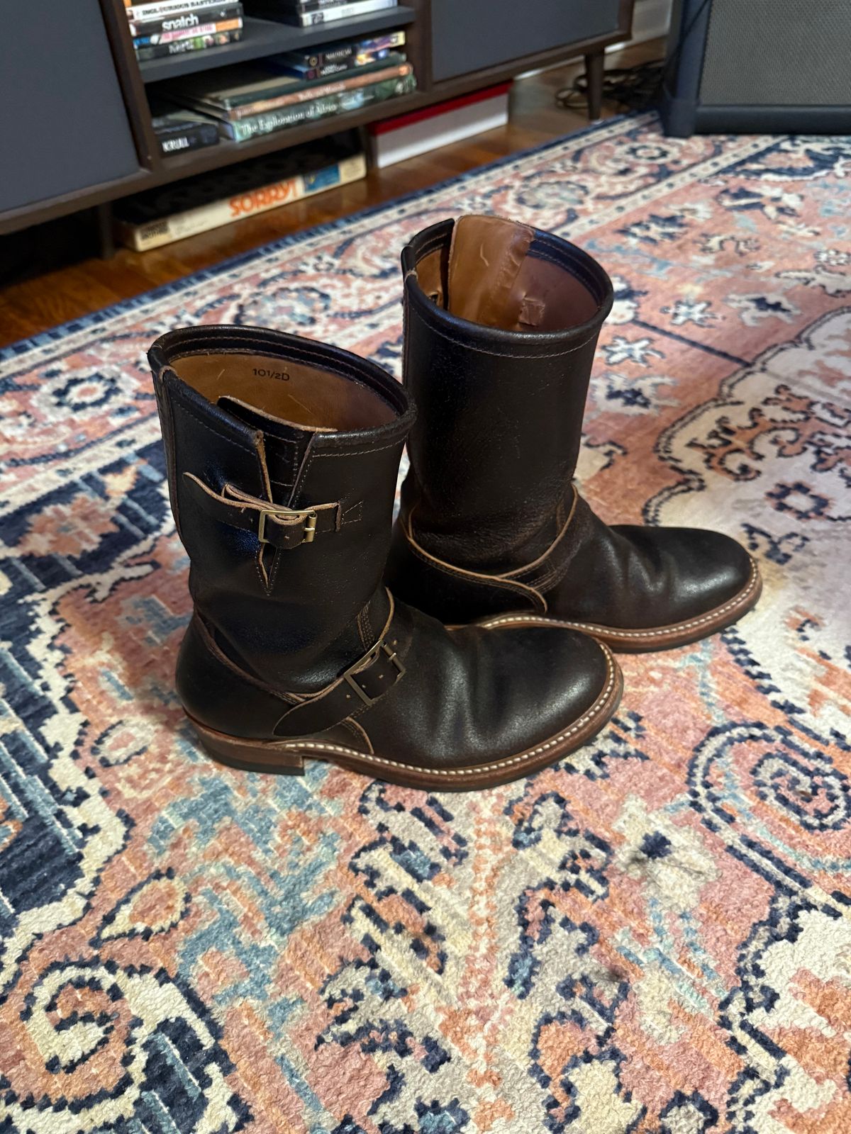 Photo by peckinpaws on April 3, 2026 of the John Lofgren Wabash Engineer Boots in Horween Dark Brown Waxed Flesh.