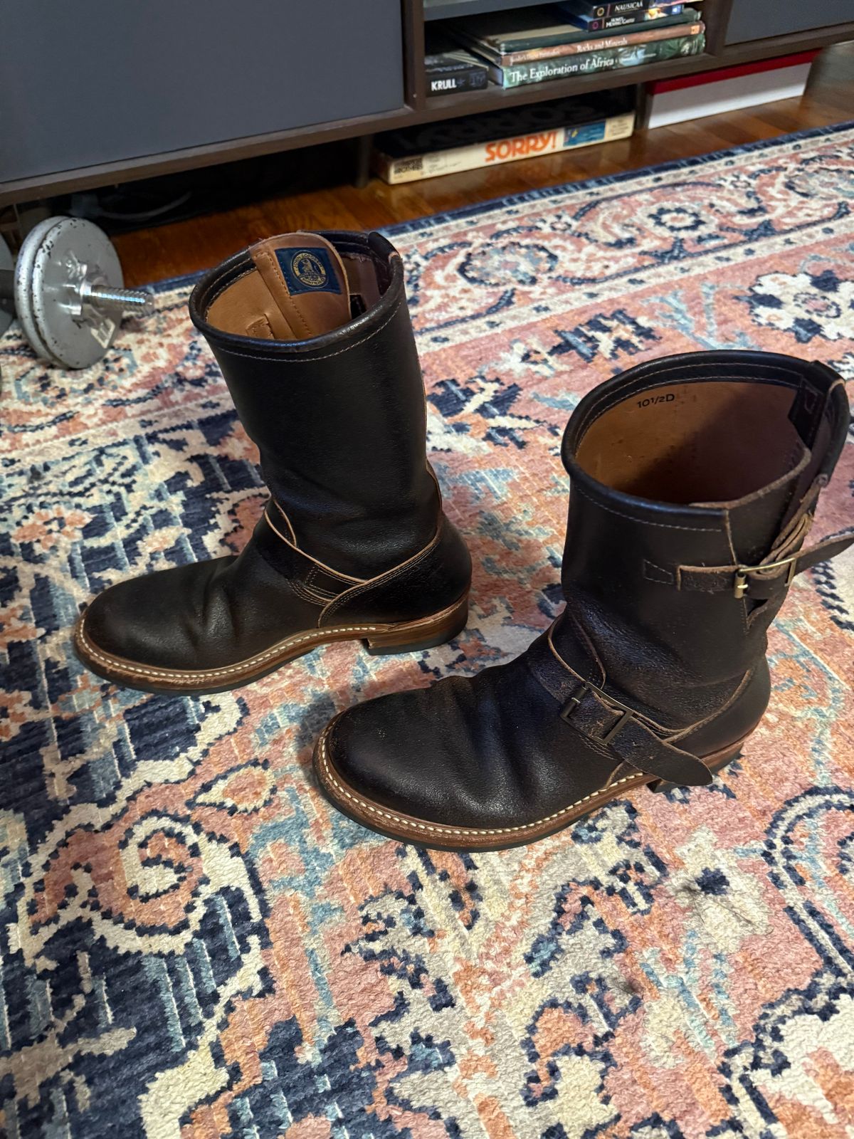 Photo by peckinpaws on April 3, 2026 of the John Lofgren Wabash Engineer Boots in Horween Dark Brown Waxed Flesh.
