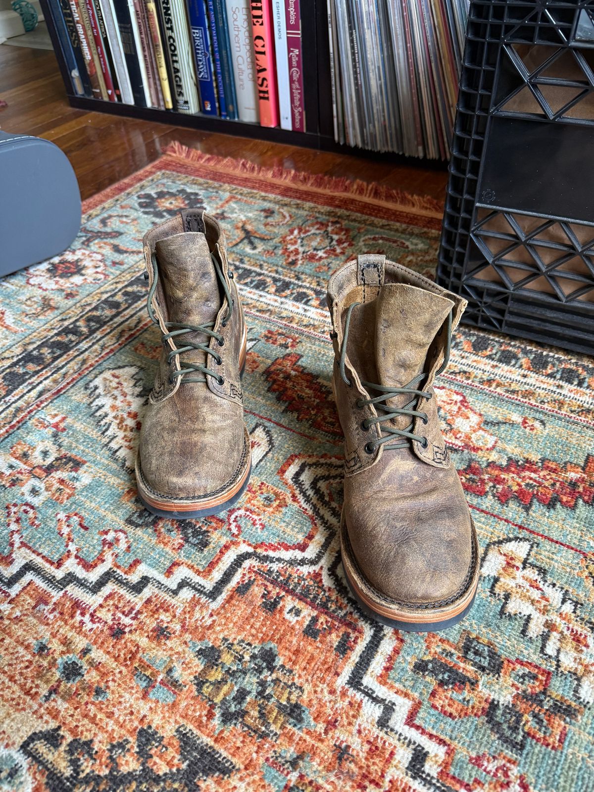 Photo by peckinpaws on June 29, 2026 of the Wesco x Rugged Workwear Jobmaster in C.F. Stead Teak Waxy Mohawk.