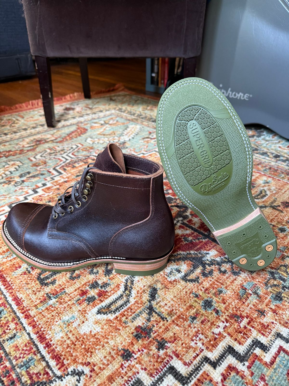 Photo by peckinpaws on June 29, 2026 of the XBXS Miner Boots in Horween Dark Brown Waxed Flesh.