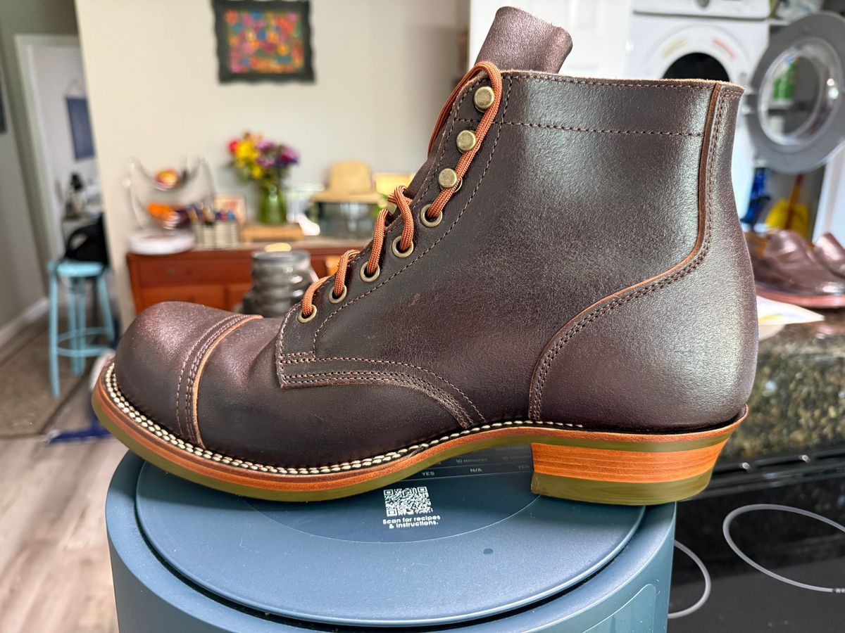 Photo by peckinpaws on June 30, 2026 of the XBXS Miner Boots in Horween Dark Brown Waxed Flesh.