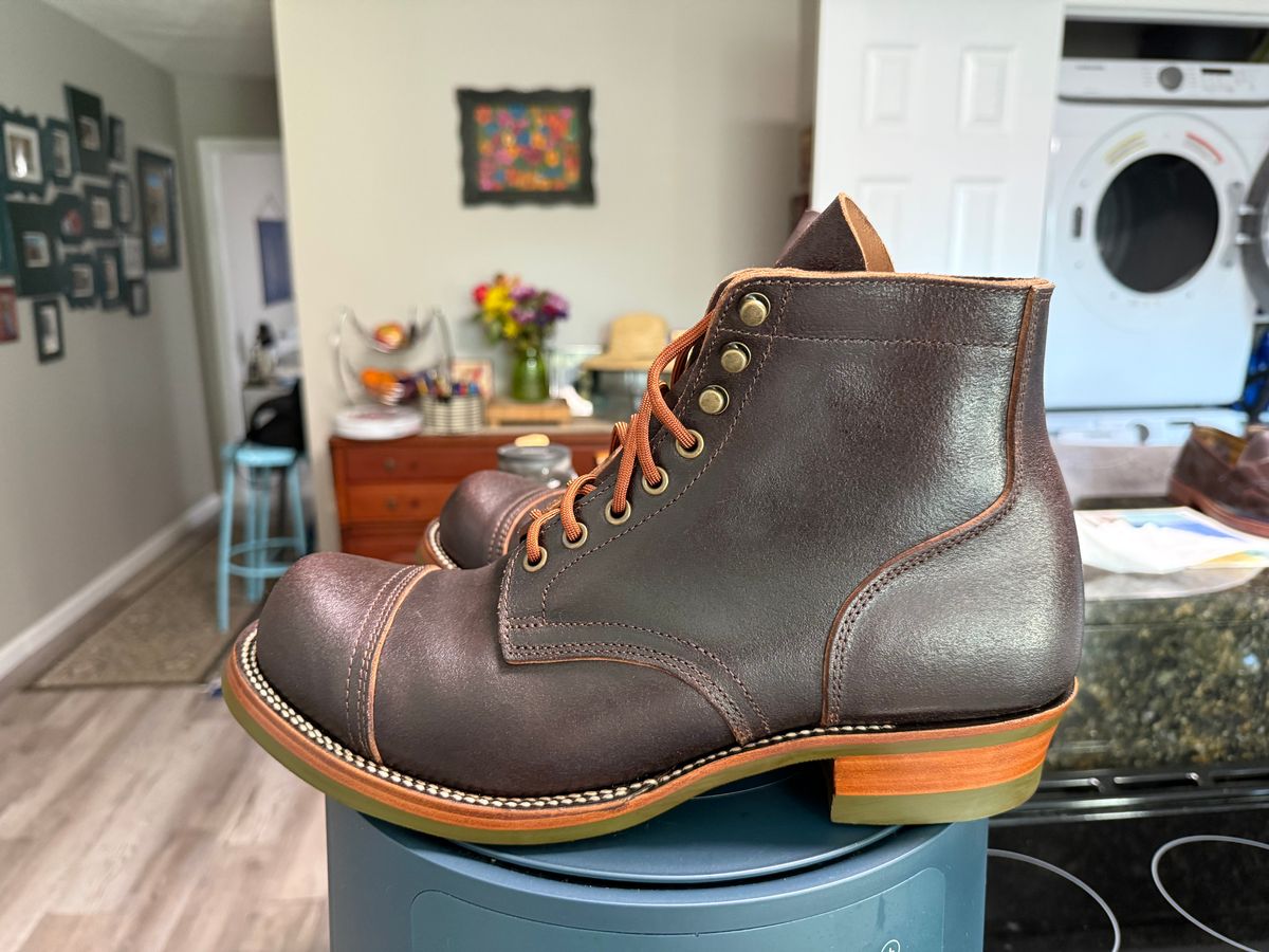 Photo by peckinpaws on June 30, 2026 of the XBXS Miner Boots in Horween Dark Brown Waxed Flesh.