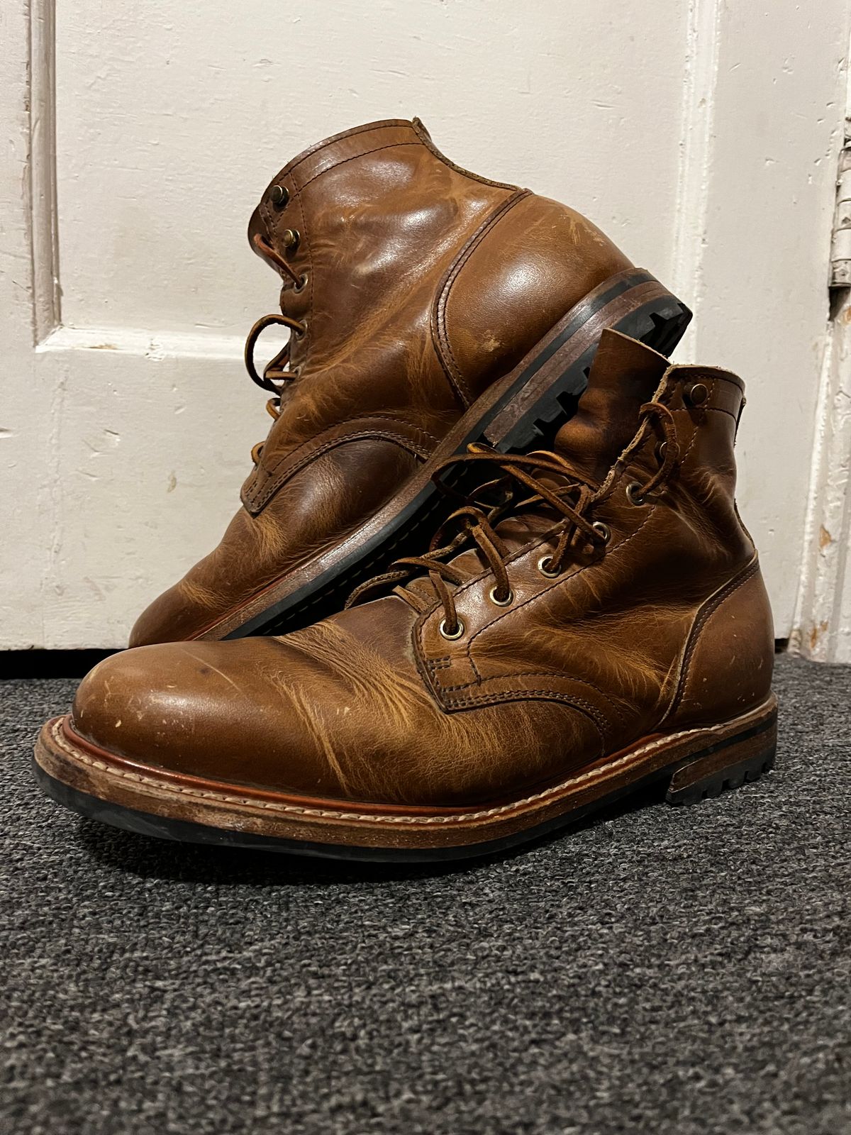 Photo by ineedmoreboots on October 9, 2025 of the Truman Plain Toe Boot in Horween Natural Cypress.