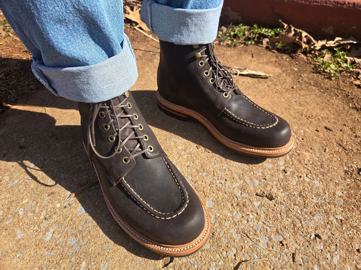 Photo by DrewsShoes on February 26, 2025 of the Grant Stone Brass Boot in C.F. Stead Earth Waxy Commander Suede.