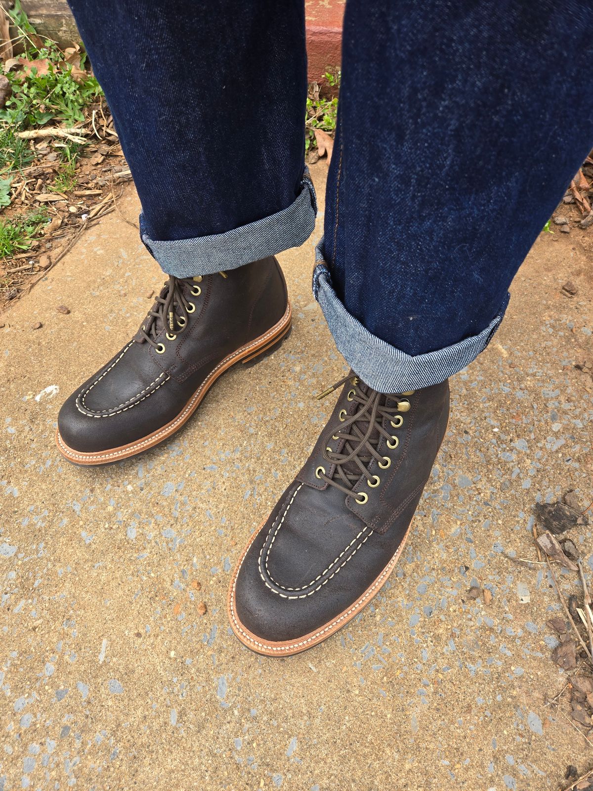 Photo by DrewsShoes on March 30, 2025 of the Grant Stone Brass Boot in C.F. Stead Earth Waxy Commander Suede.
