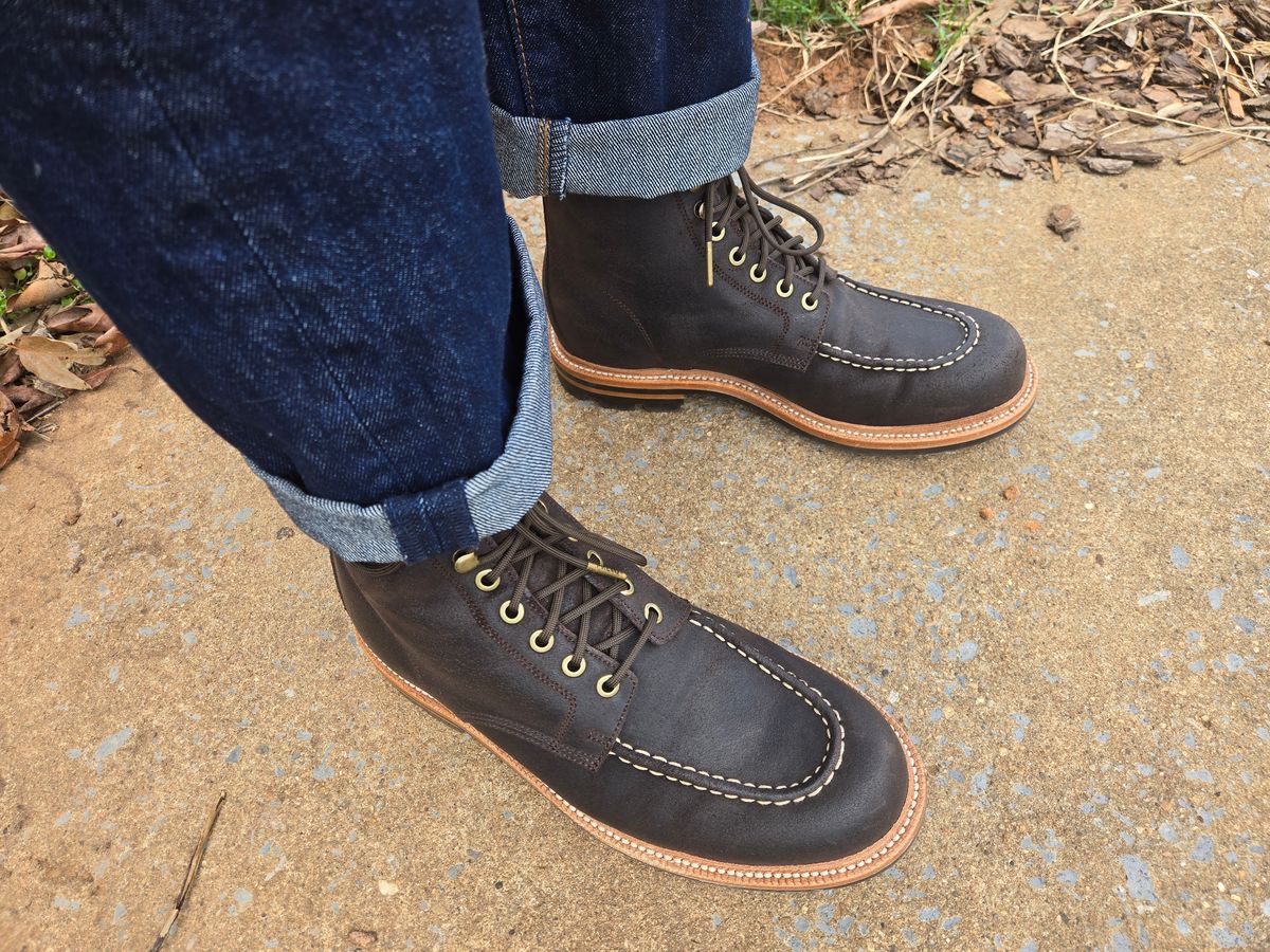 Photo by DrewsShoes on March 30, 2025 of the Grant Stone Brass Boot in C.F. Stead Earth Waxy Commander Suede.
