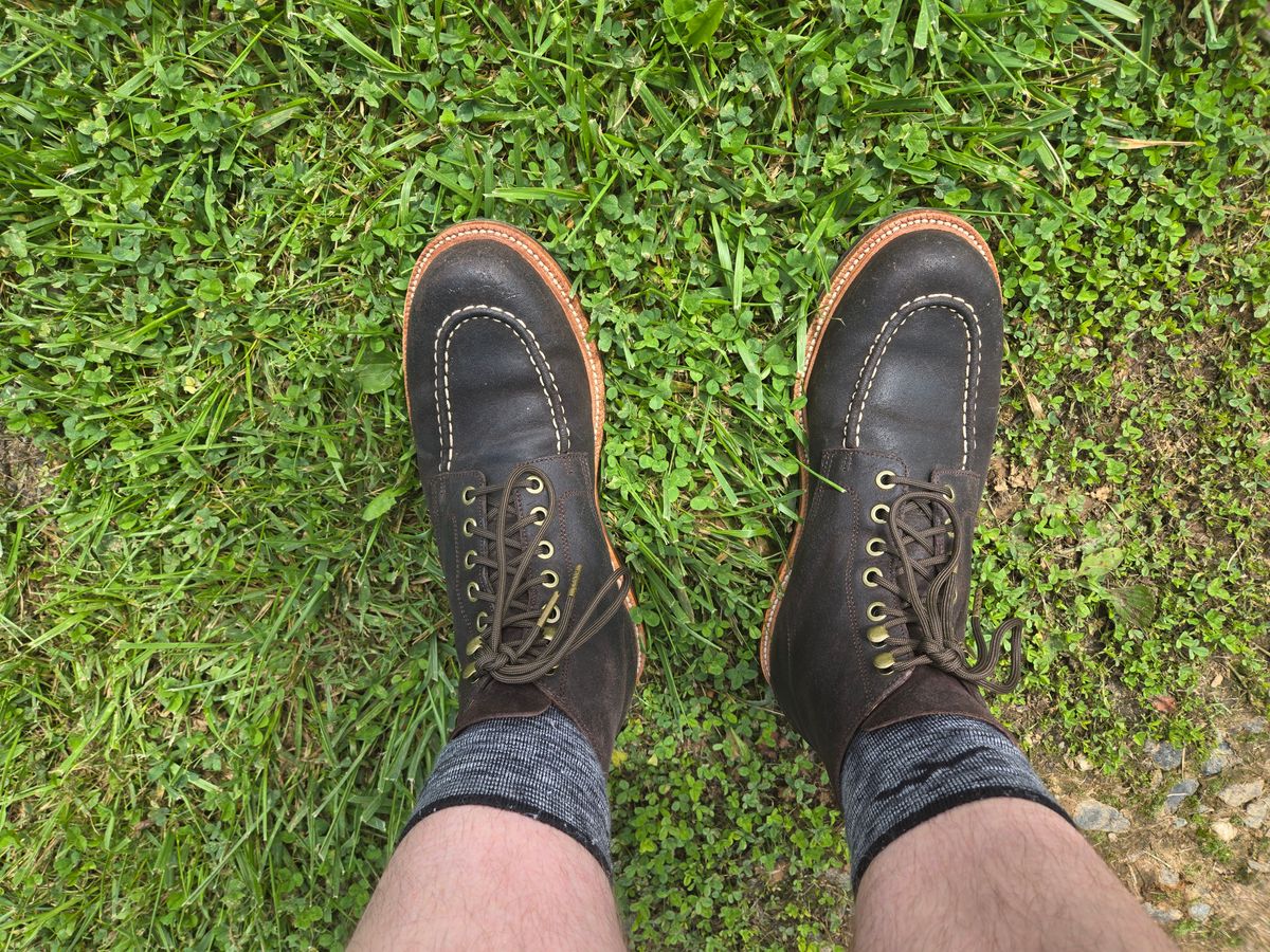 Photo by DrewsShoes on August 10, 2025 of the Grant Stone Brass Boot in C.F. Stead Earth Waxy Commander Suede.
