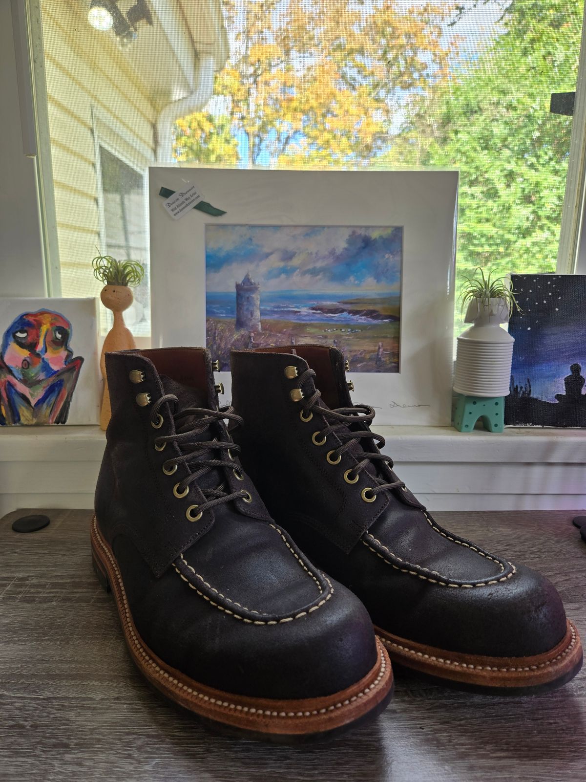 Photo by DrewsShoes on September 11, 2025 of the Grant Stone Brass Boot in C.F. Stead Earth Waxy Commander Suede.
