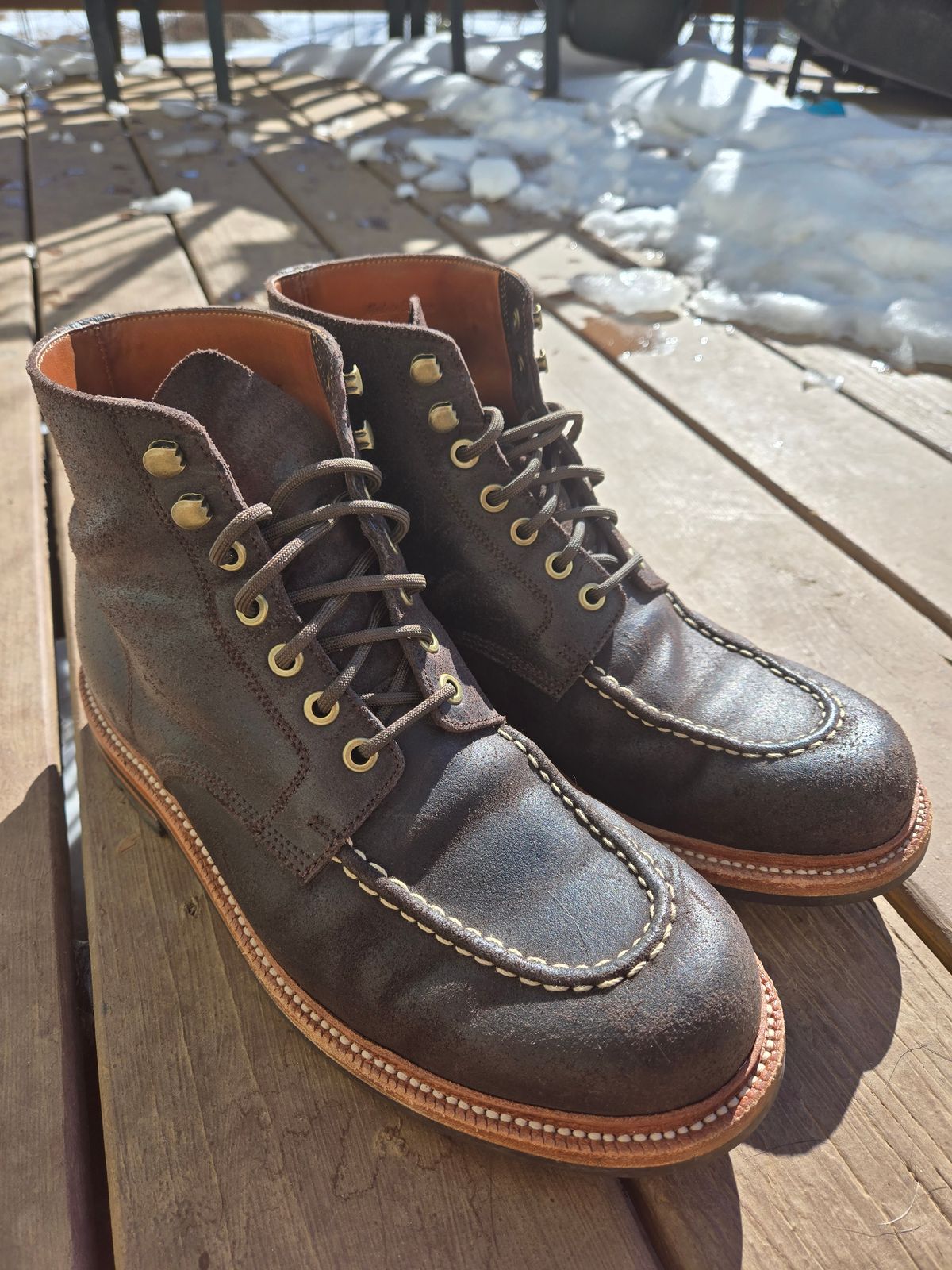 Photo by DrewsShoes on February 1, 2026 of the Grant Stone Brass Boot in C.F. Stead Earth Waxy Commander Suede.