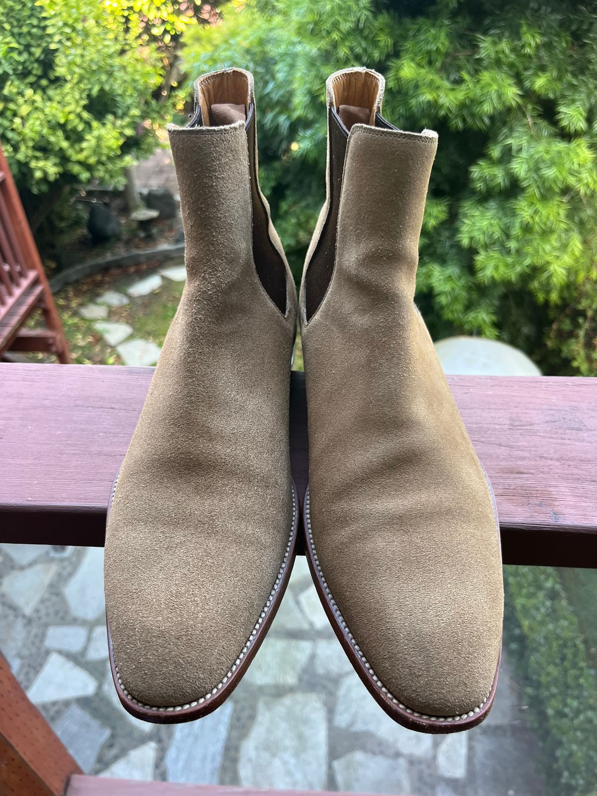 Photo by Gpittman9 on June 11, 2025 of the Yves Saint Laurent Wyatt Suede Chelsea Boot in Cigaro Suede.
