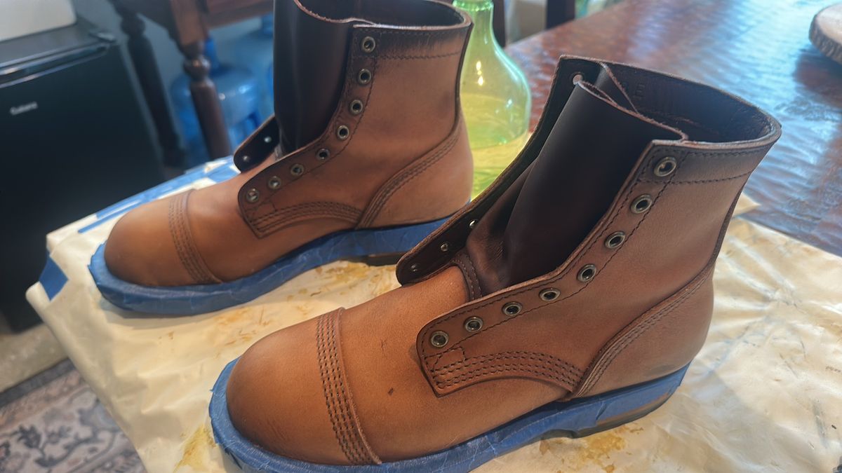 Photo by BlueBootCollective on July 11, 2026 of the Division Road Everyday Man Boots in Italian BLUE Cypress (self-dyed).