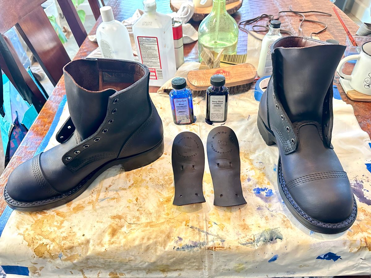 Photo by BlueBootCollective on July 11, 2026 of the Division Road Everyday Man Boots in Italian BLUE Cypress (self-dyed).