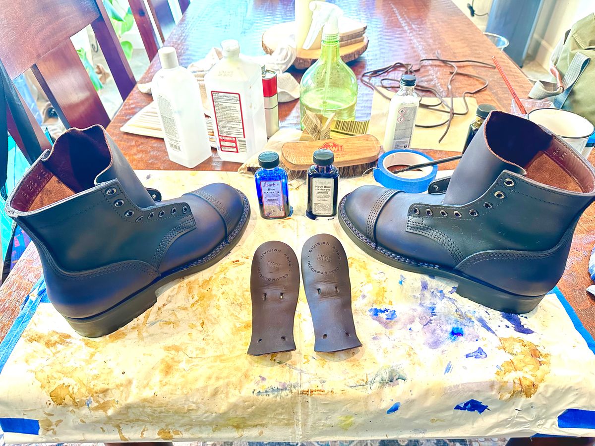 Photo by BlueBootCollective on July 11, 2026 of the Division Road Everyday Man Boots in Italian BLUE Cypress (self-dyed).