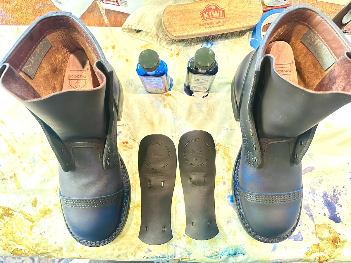 Photo by BlueBootCollective on July 11, 2026 of the Division Road Everyday Man Boots in Italian BLUE Cypress (self-dyed).