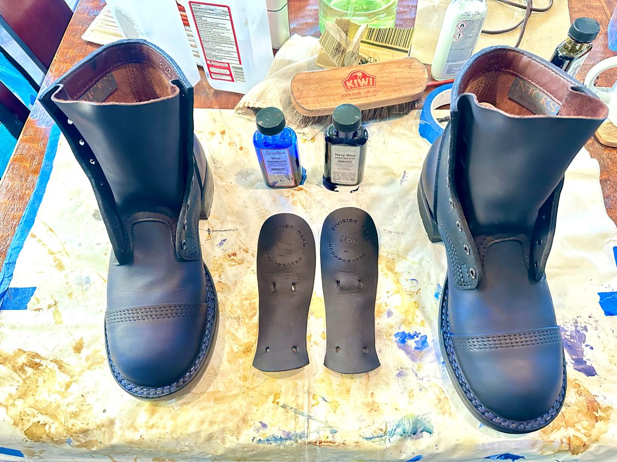 Photo by BlueBootCollective on July 11, 2026 of the Division Road Everyday Man Boots in Italian BLUE Cypress (self-dyed).