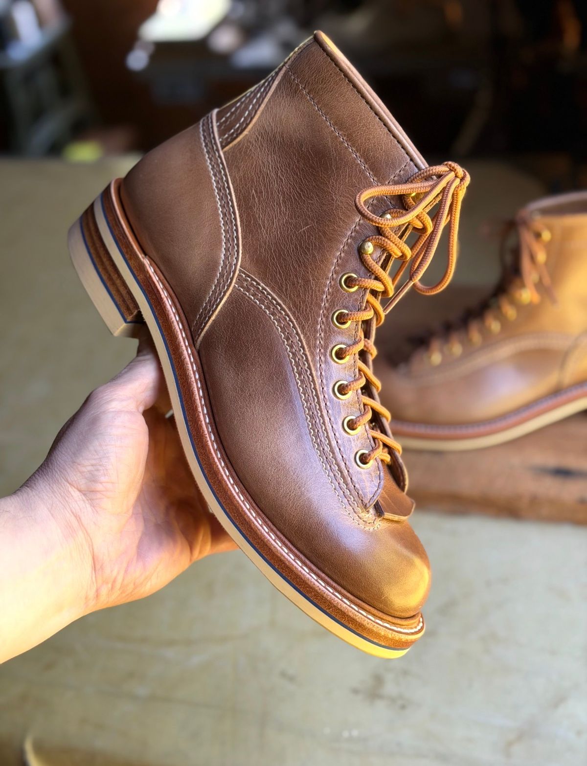 Photo by Suited_n_Booted on May 10, 2026 of the John Lofgren Donkey Puncher Boots in Horween natural CXL.