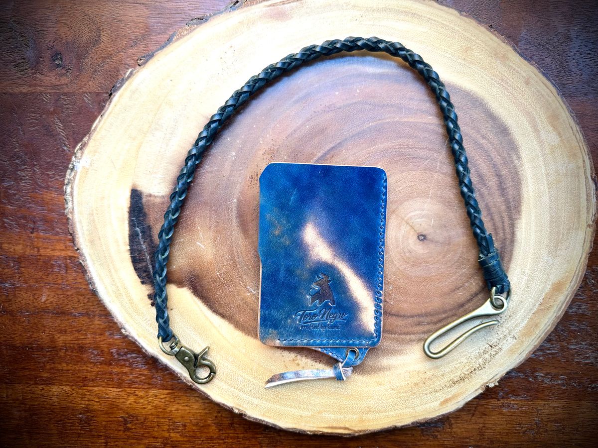 Photo by Suited_n_Booted on June 22, 2026 of the Toro Negro Leather Goods (Ukraine) Minimalist Biker Wallet in Rocado Marble Blue Shell Cordovan.