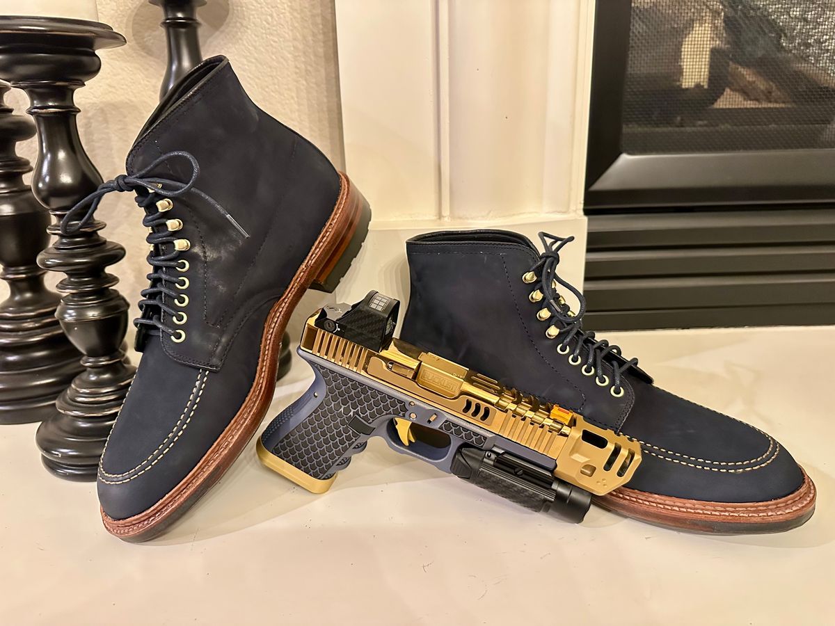 Photo by Suited_n_Booted on March 28, 2026 of the Alden Indy Boot “Blue Bell” Edition in Horween Navy Nubuck.