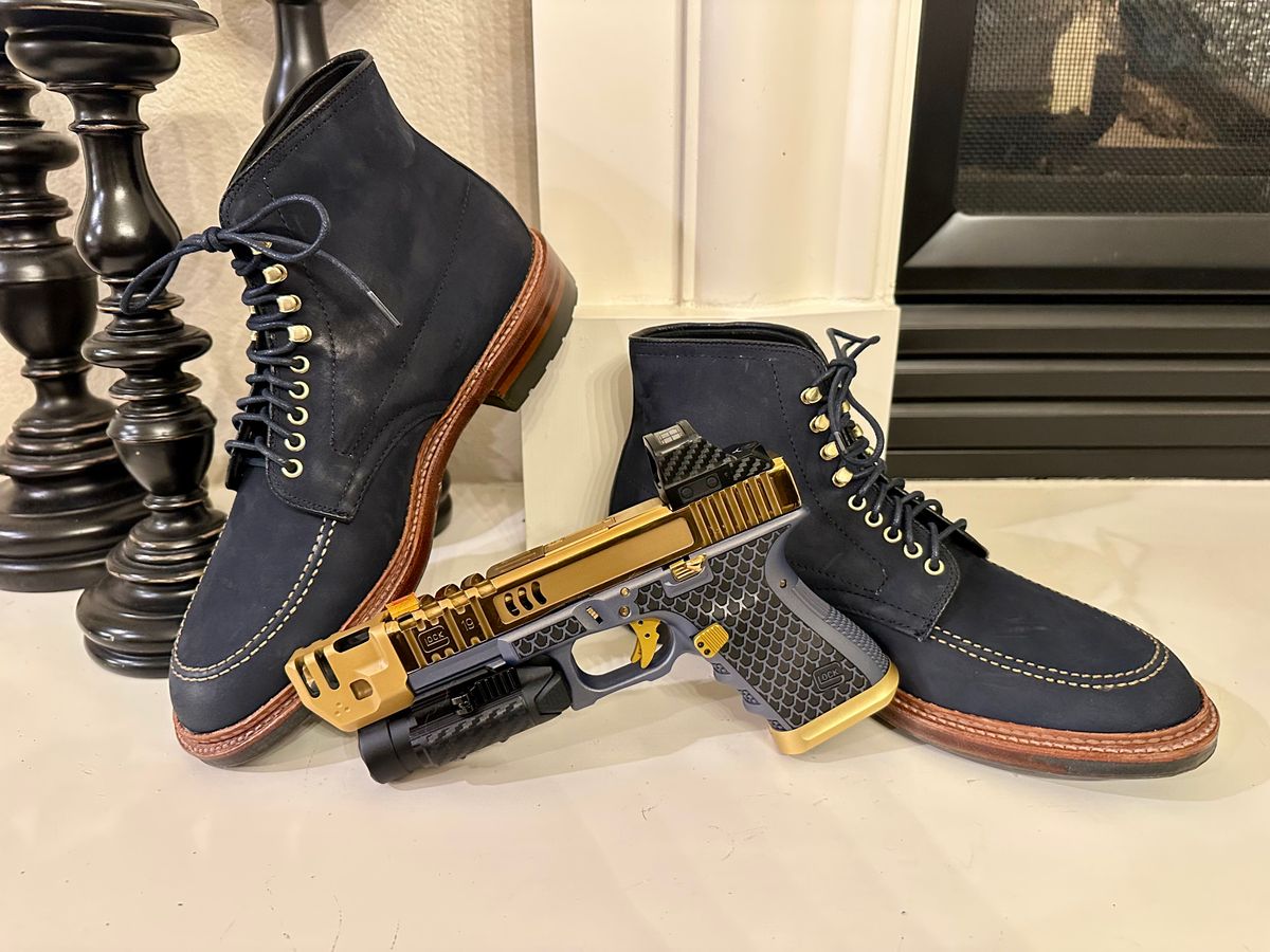 Photo by Suited_n_Booted on March 28, 2026 of the Alden Indy Boot “Blue Bell” Edition in Horween Navy Nubuck.