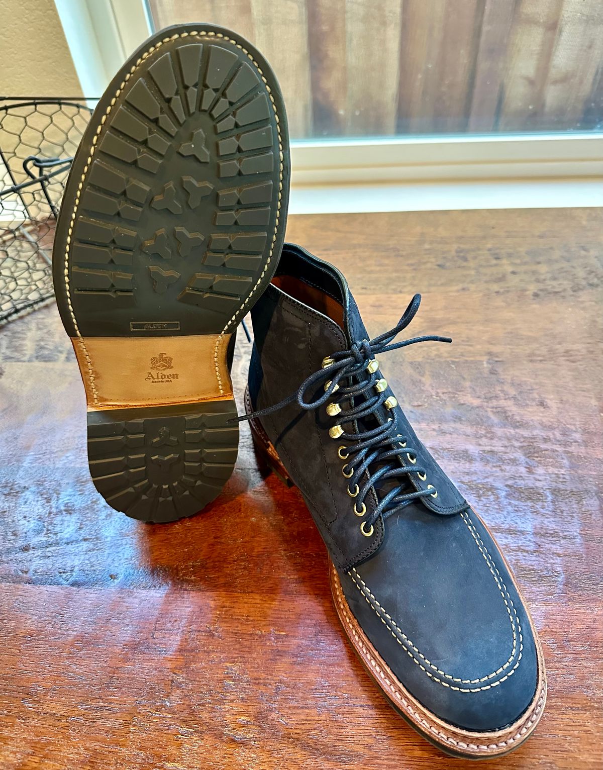 Photo by Suited_n_Booted on March 28, 2026 of the Alden Indy Boot “Blue Bell” Edition in Horween Navy Nubuck.