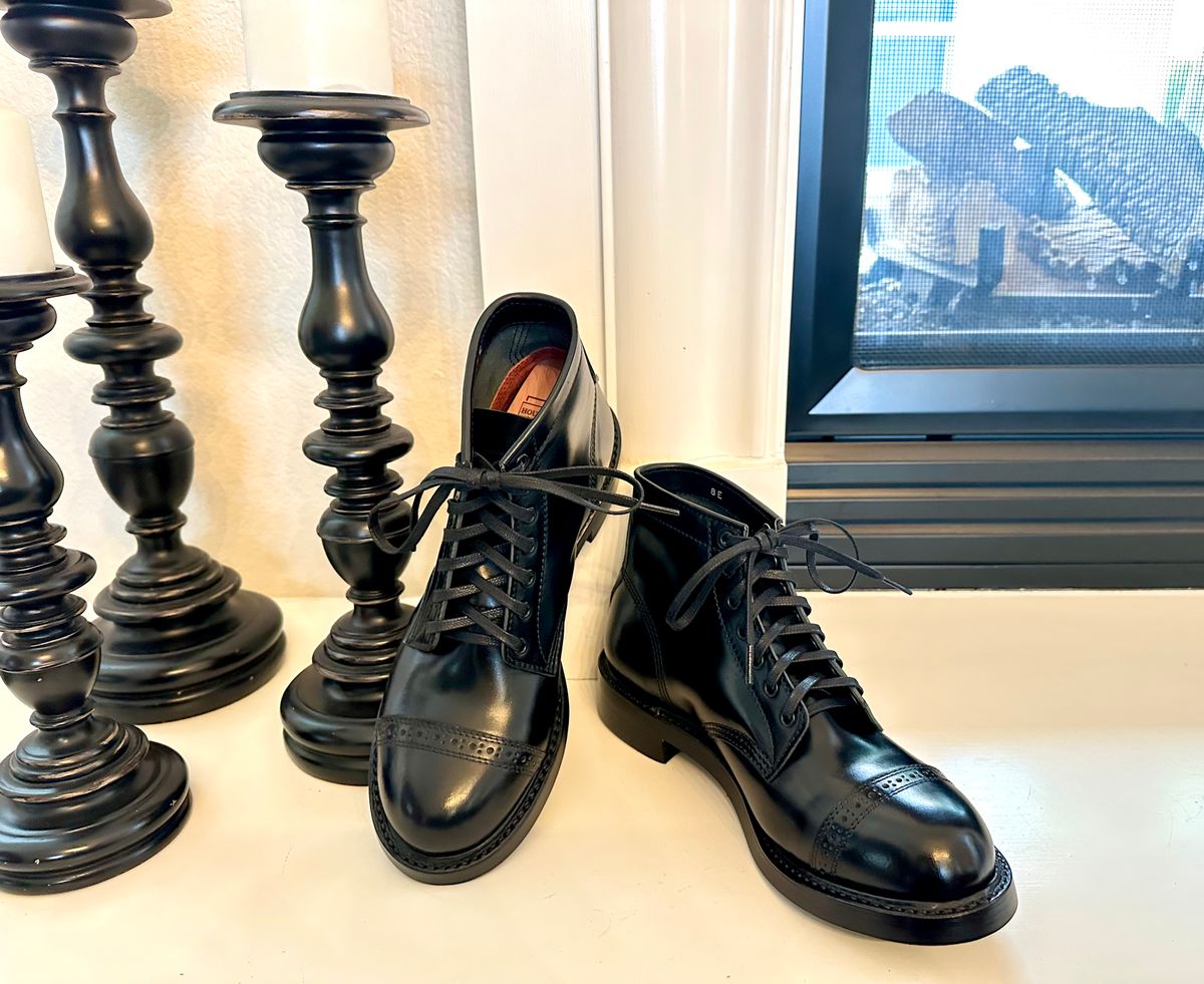 Photo by Suited_n_Booted on May 3, 2026 of the John Lofgren Combat Boots in Shinki Hikaku Black Shell Cordovan.