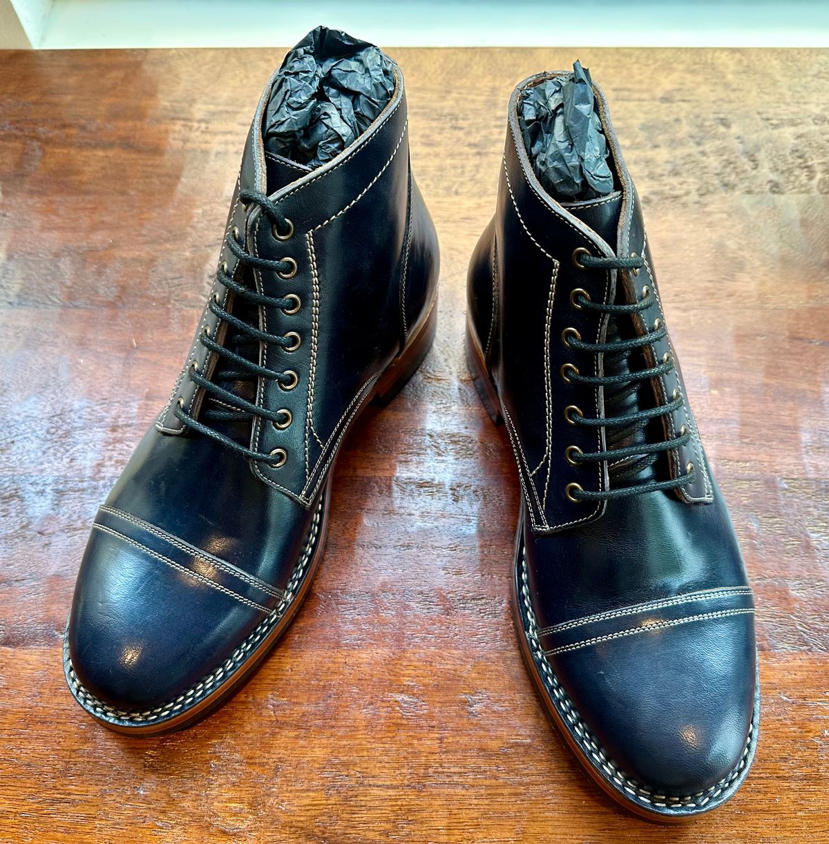 Photo by Suited_n_Booted on April 15, 2026 of the Blkbrd Shoemaker Luchador Service Boot in Maryam Navy Horsehide.