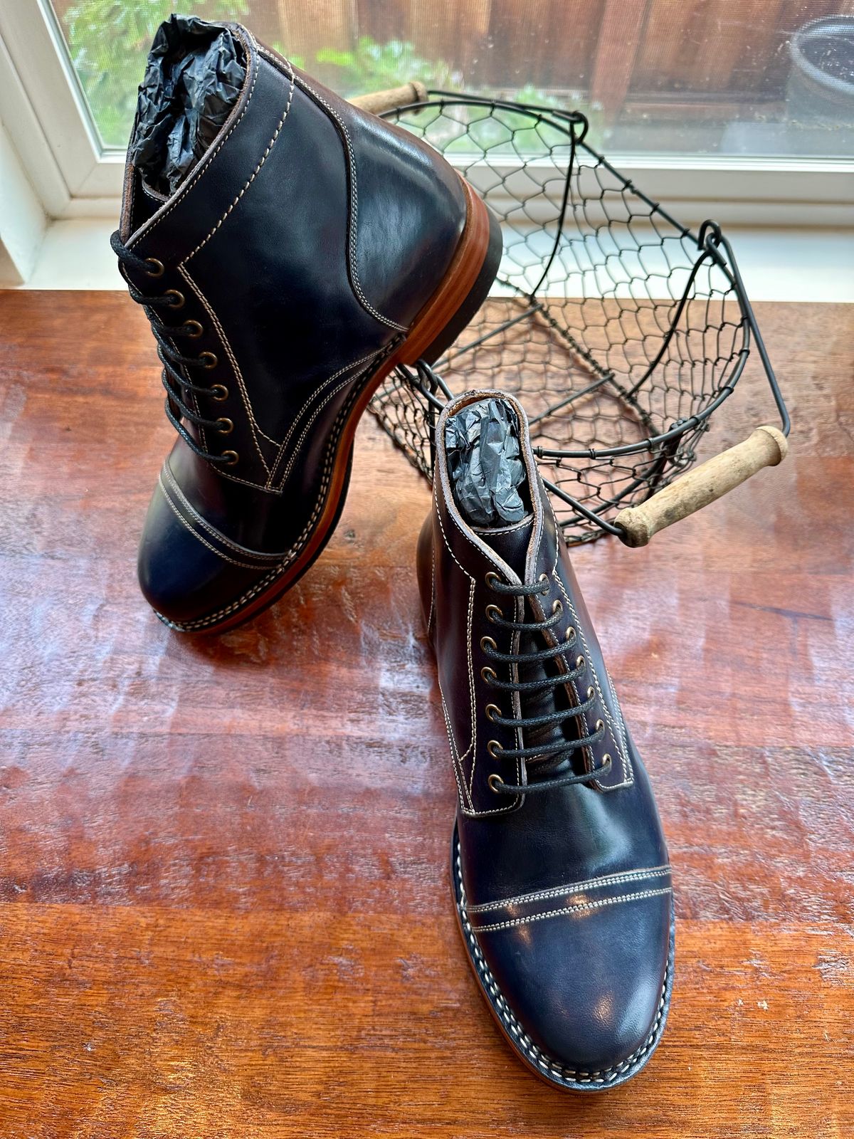 Photo by Suited_n_Booted on April 15, 2026 of the Blkbrd Shoemaker Luchador Service Boot in Maryam Navy Horsehide.