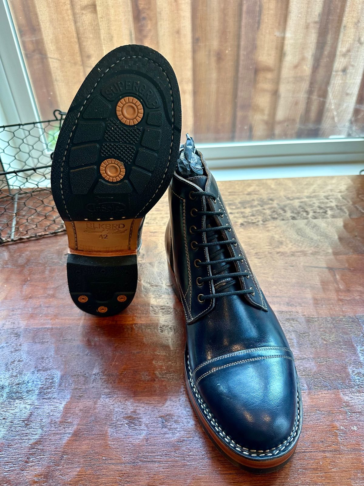Photo by Suited_n_Booted on April 15, 2026 of the Blkbrd Shoemaker Luchador Service Boot in Maryam Navy Horsehide.