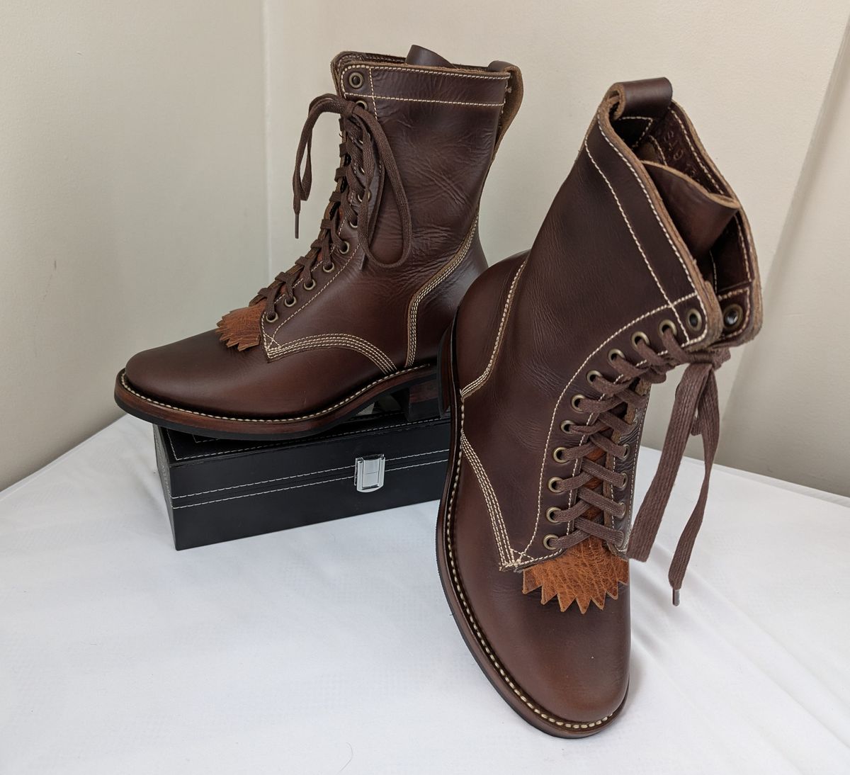 Photo by BoxingCoachBrian on April 21, 2025 of the Willie's Handmade Boots Boondocker in Horween Brown Chromexcel.