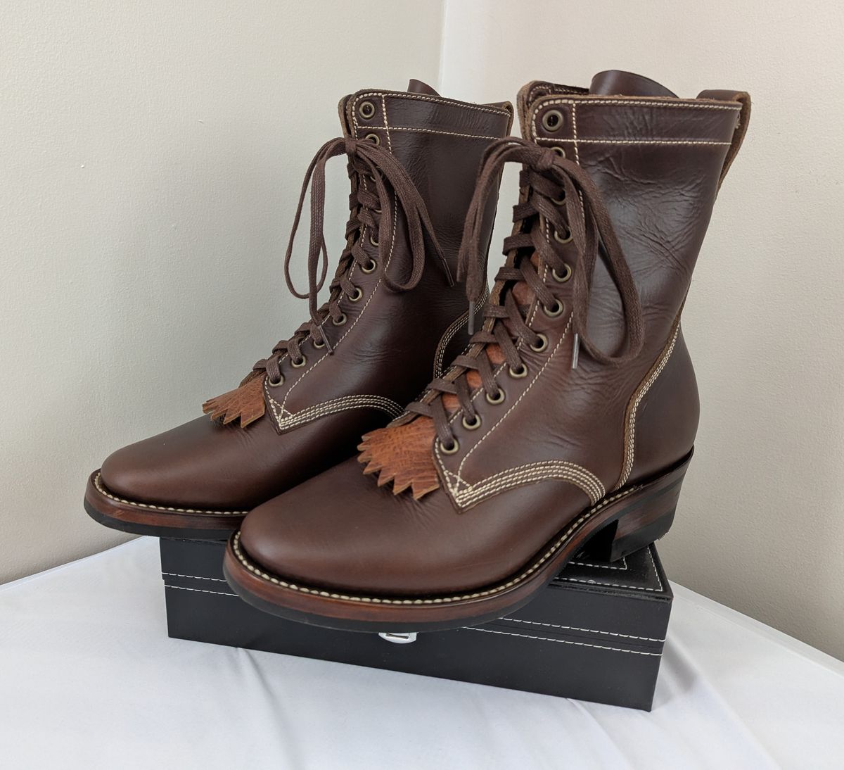 Photo by BoxingCoachBrian on April 21, 2025 of the Willie's Handmade Boots Boondocker in Horween Brown Chromexcel.