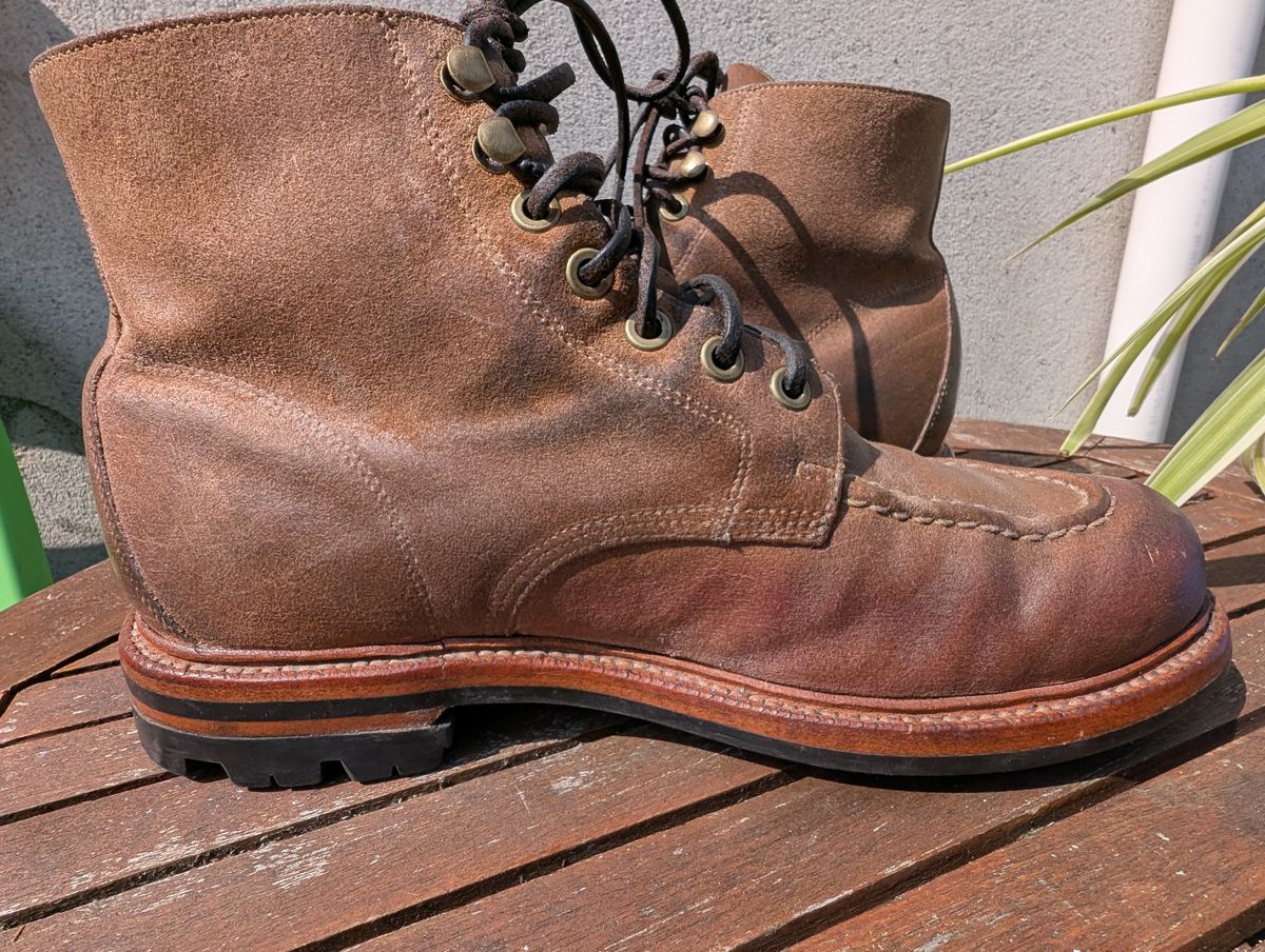 Photo by Frank on August 15, 2025 of the Grant Stone Brass Boot in C.F. Stead Natural Waxy Commander Suede.
