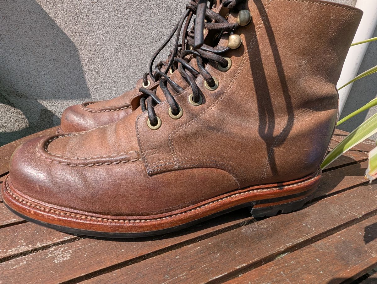 Photo by Frank on August 15, 2025 of the Grant Stone Brass Boot in C.F. Stead Natural Waxy Commander Suede.