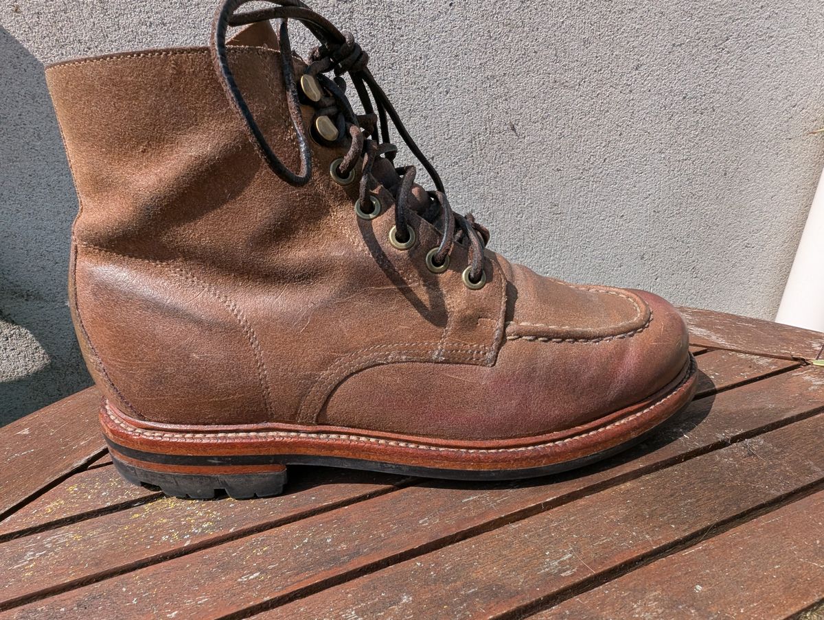Photo by Frank on August 15, 2025 of the Grant Stone Brass Boot in C.F. Stead Natural Waxy Commander Suede.