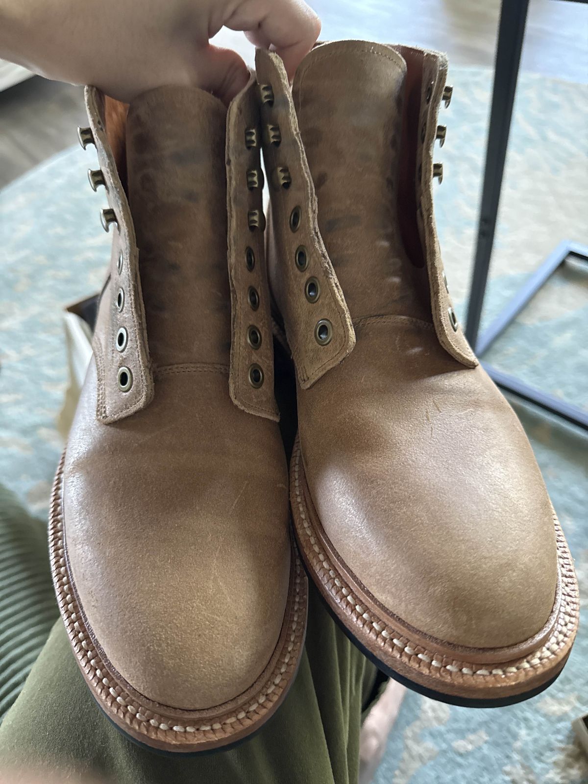 Photo by phantomboots on October 11, 2025 of the Grant Stone Diesel Boot in C.F. Stead Natural Waxy Commander Suede.
