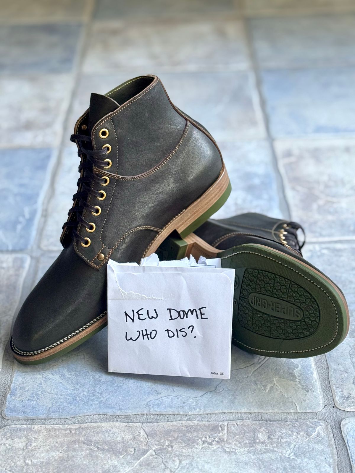Photo by ScuffedUpKicks on October 2, 2025 of the Iron Boots x Østmo Type 1 in Maryam Dark Green Hand-Dyed Horsehide.